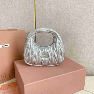 Miu Miu Wander Hobo Mini Bag in Silver Matelasse Leather