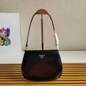 Prada Black Brushed Leather Cleo Shoulder Bag with Flap