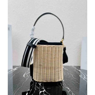 Prada Bucket Bag In Wicker and Black Canvas