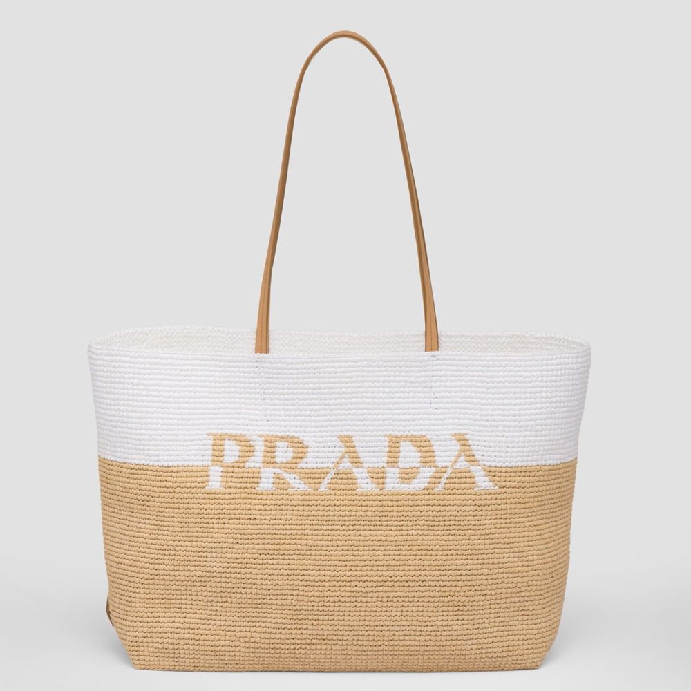 Prada Crochet Large Tote Bag in Beige White Raffia-effect Yarn