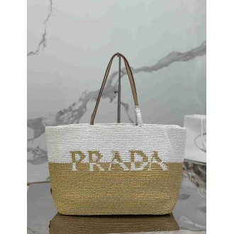 Prada Crochet Large Tote Bag in Beige White Raffia-effect Yarn