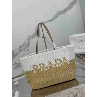 Prada Crochet Large Tote Bag in Beige White Raffia-effect Yarn