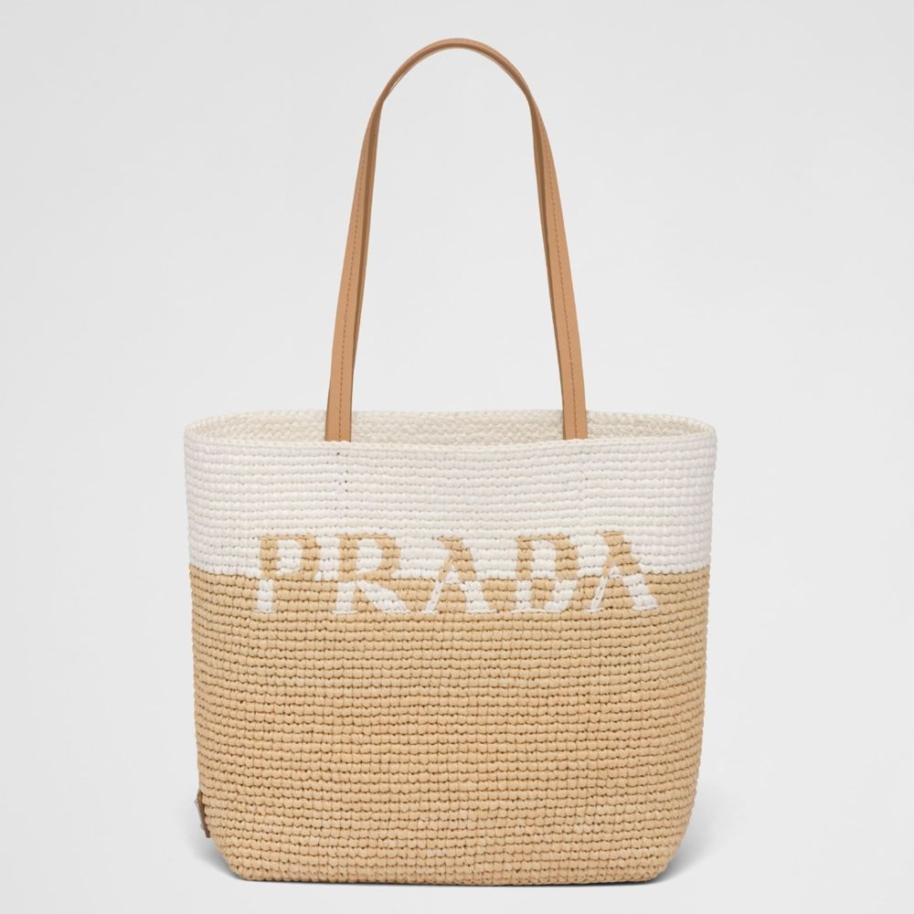 Prada Crochet Small Tote Bag in Beige White Raffia-effect Yarn