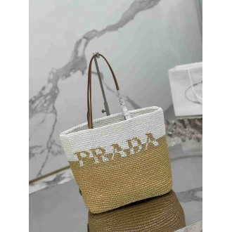 Prada Crochet Small Tote Bag in Beige White Raffia-effect Yarn