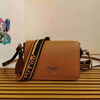 Prada Flap Shoulder Bag in Brown Grained Leather