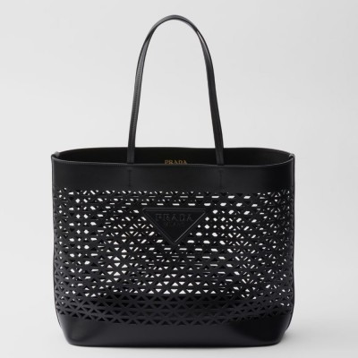 Prada Large Tote Bag in Black Perforated Leather