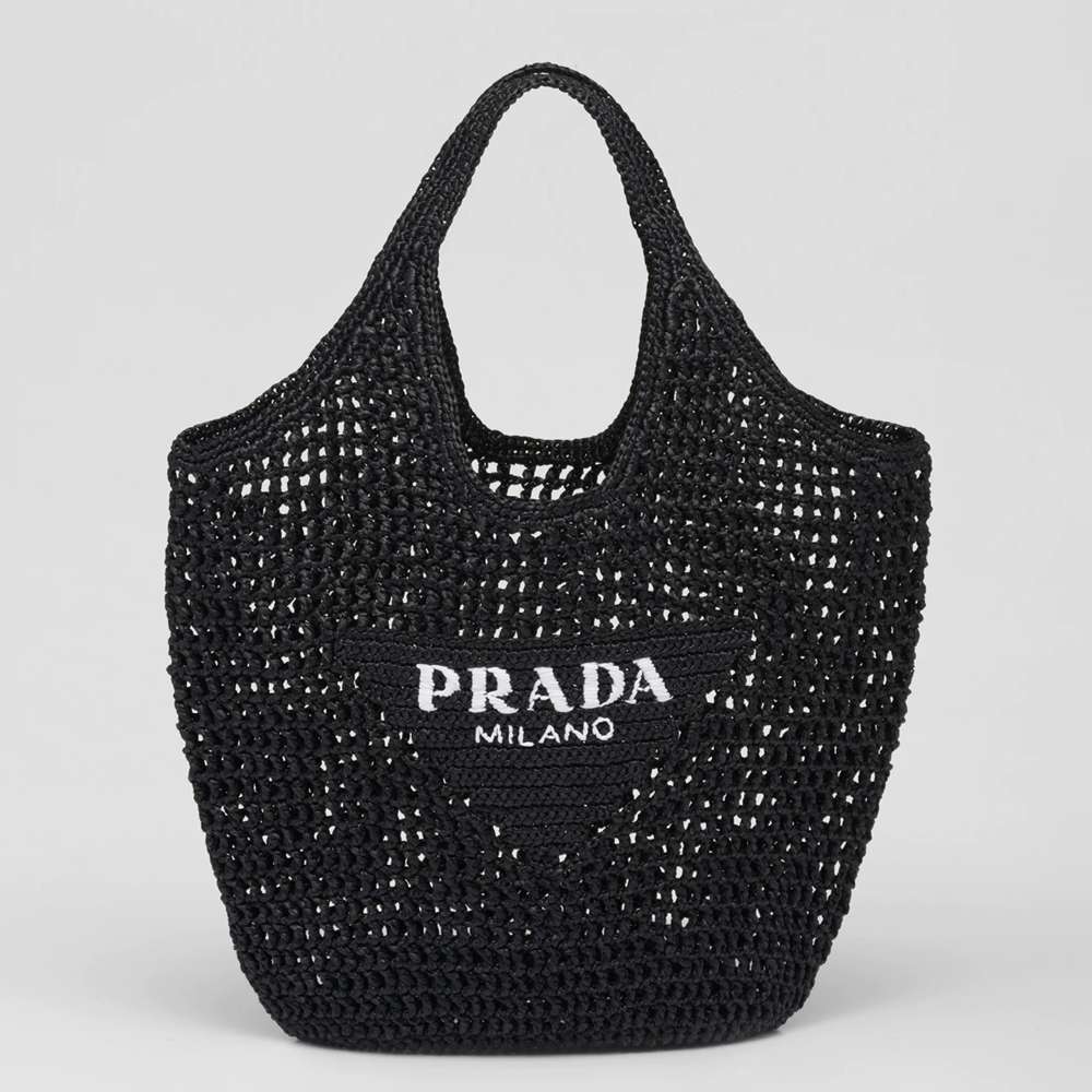 Prada Large Tote Bag In Black Woven Raffia