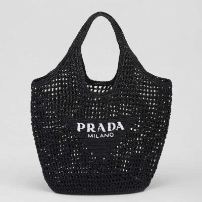 Prada Large Tote Bag In Black Woven Raffia