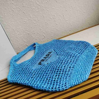 Prada Large Tote Bag In Blue Woven Raffia