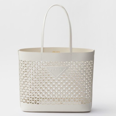 Prada Large Tote Bag in White Perforated Leather