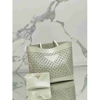 Prada Large Tote Bag in White Perforated Leather