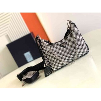 Prada Re-Edition 2005 Bag In Black Satin with Crystals