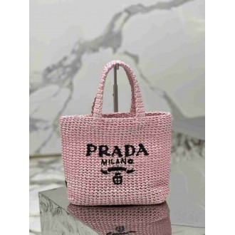 Prada Small Crochet Tote Bag in Pink Raffia-effect Yarn
