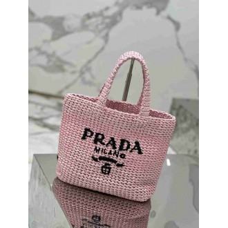 Prada Small Crochet Tote Bag in Pink Raffia-effect Yarn