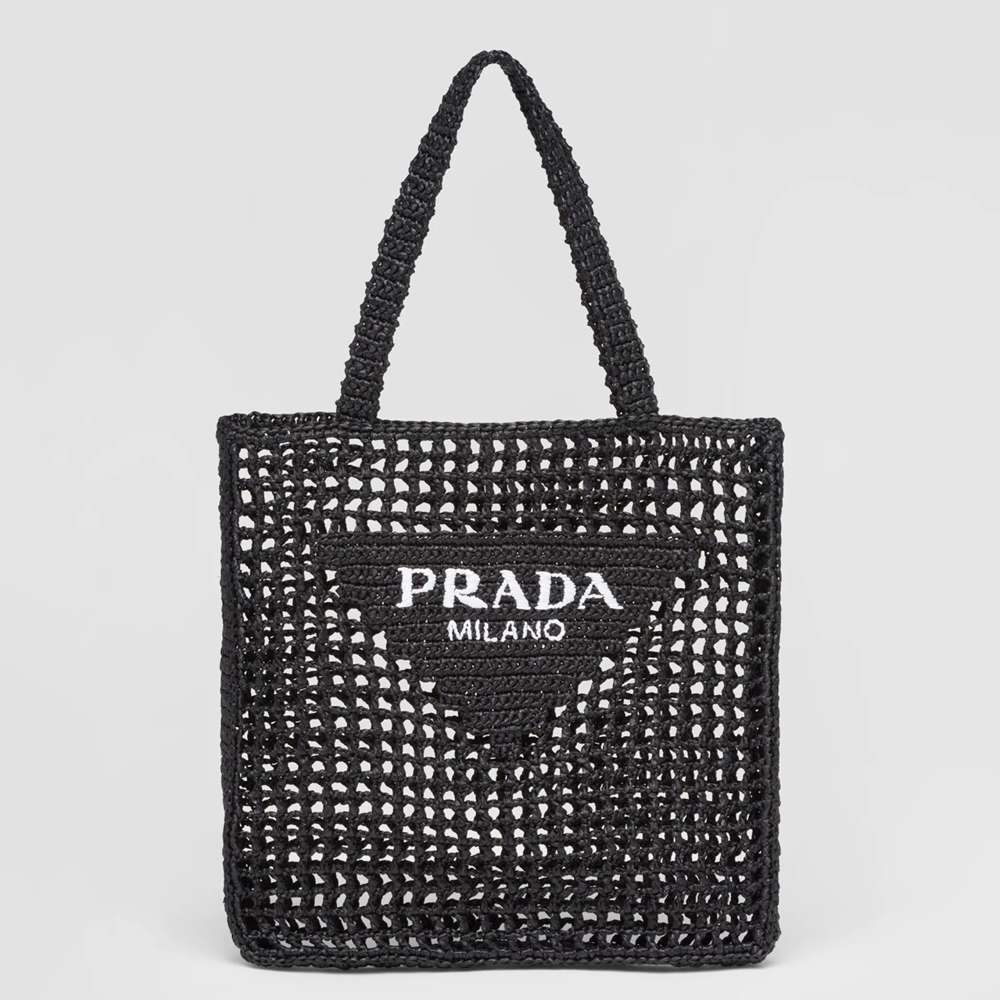 Prada Small Tote Bag In Black Woven Raffia