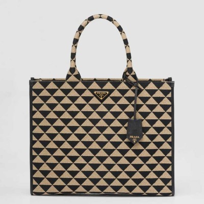 Prada Symbole Large Bag In Black Beige Jjacquard Fabric