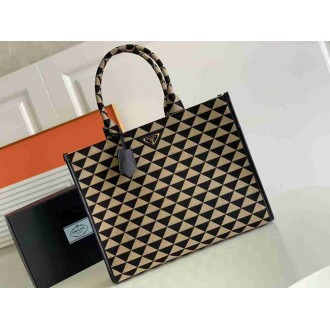 Prada Symbole Large Bag In Black Beige Jjacquard Fabric