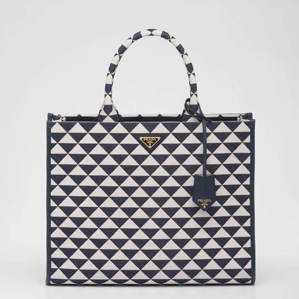 Prada Symbole Large Bag In White Blue Jjacquard Fabric
