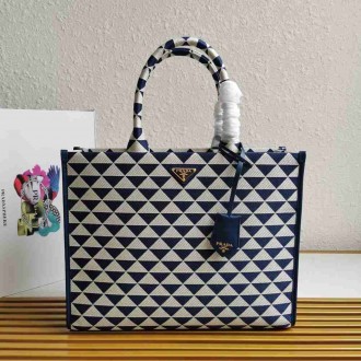 Prada Symbole Large Bag In White Blue Jjacquard Fabric