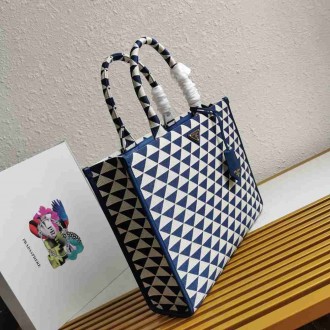 Prada Symbole Large Bag In White Blue Jjacquard Fabric