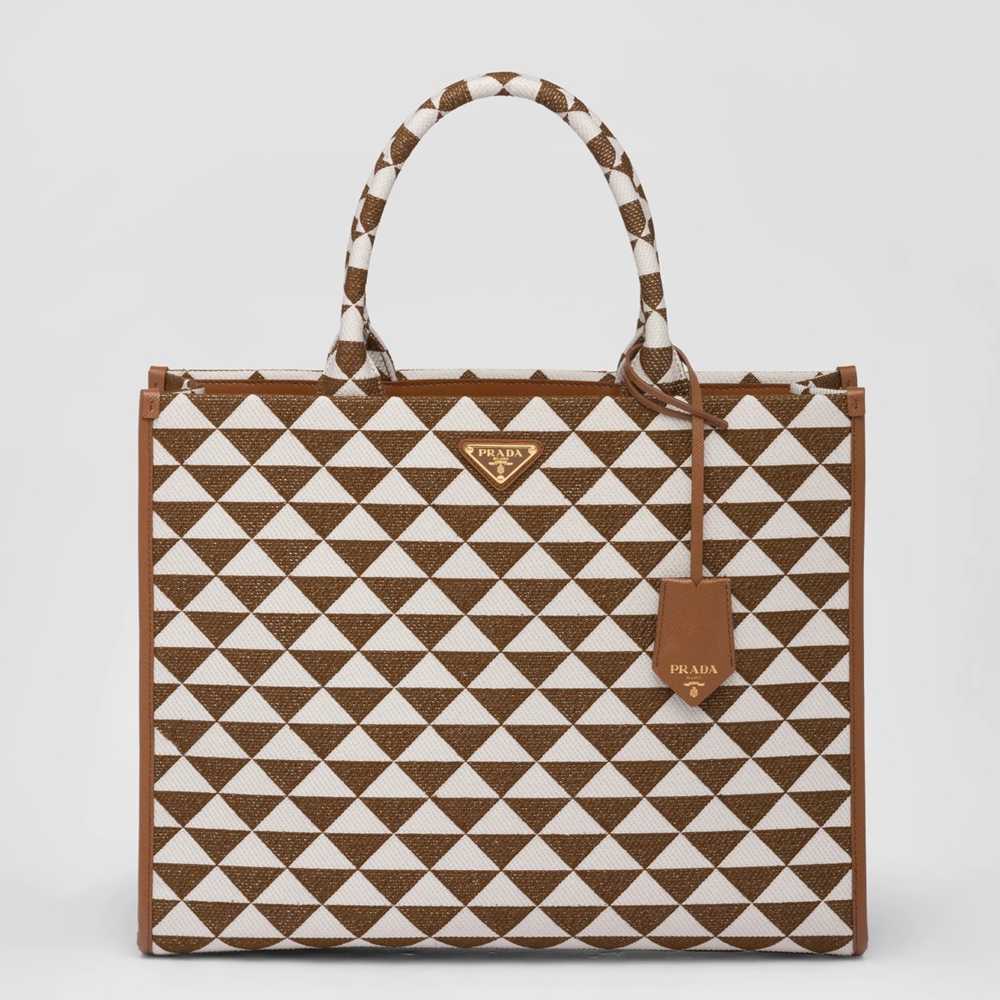 Prada Symbole Large Bag In White Brown Jjacquard Fabric