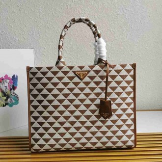 Prada Symbole Large Bag In White Brown Jjacquard Fabric