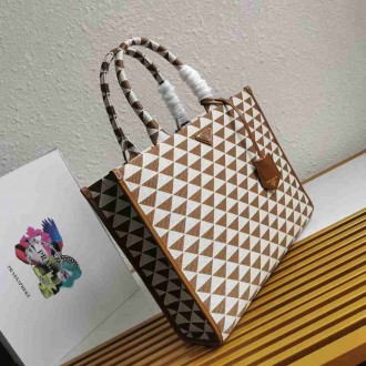 Prada Symbole Large Bag In White Brown Jjacquard Fabric