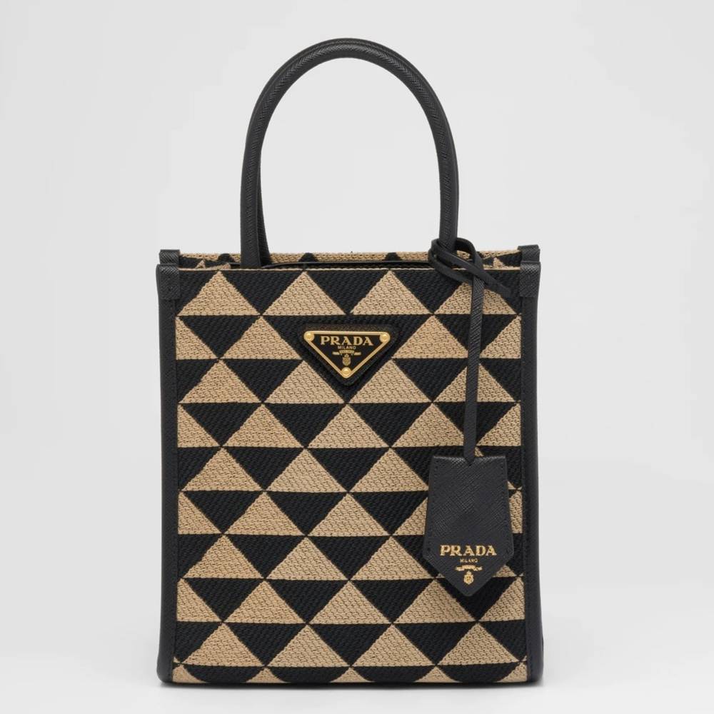 Prada Symbole Micro Bag In Black Beige Jjacquard Fabric