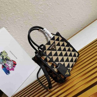 Prada Symbole Micro Bag In Black Beige Jjacquard Fabric