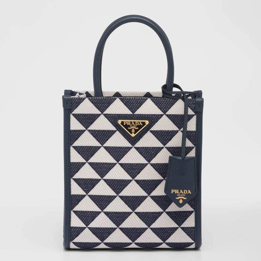 Prada Symbole Micro Bag In White Blue Jjacquard Fabric