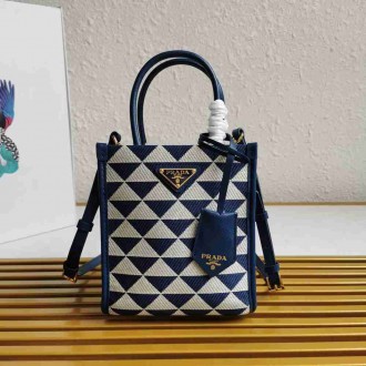 Prada Symbole Micro Bag In White Blue Jjacquard Fabric