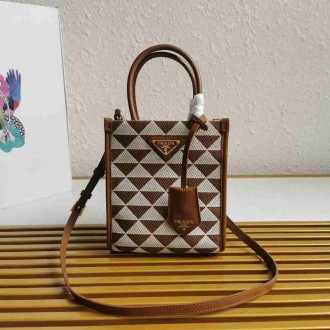 Prada Symbole Micro Bag In White Brown Jjacquard Fabric