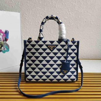 Prada Symbole Small Bag In White Blue Jjacquard Fabric
