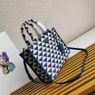 Prada Symbole Small Bag In White Blue Jjacquard Fabric