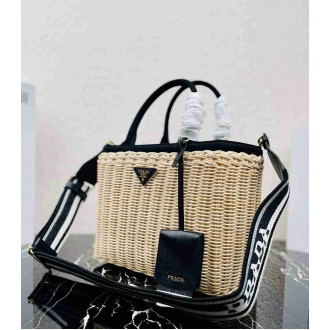 Prada Tote Bag In Wicker and Black Canvas