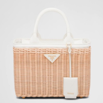 Prada Tote Bag In Wicker and White Canvas