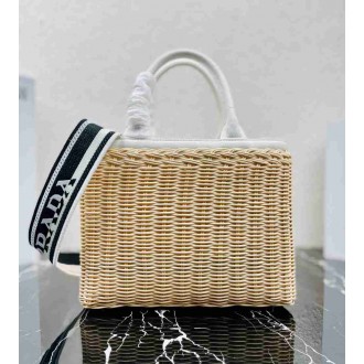 Prada Tote Bag In Wicker and White Canvas