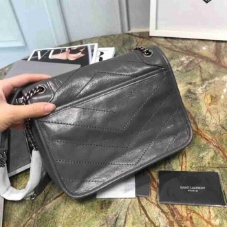 Saint Laurent Baby Niki Chain Bag In Storm Gray Crinkled Leather