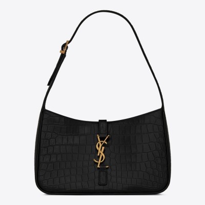 Saint Laurent Le 5 a 7 Hobo Bag In Black Crocodile-embossed Leather