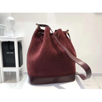 Saint Laurent Monogram All Over Bucket Bag In Bordeaux Suede