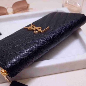 Saint Laurent Monogram Zip Around Wallet In Black Grained Leather