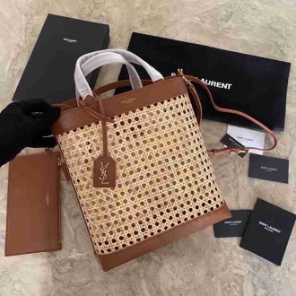 Saint Laurent N S Toy Shopping Bag In Woven Cane And Leather