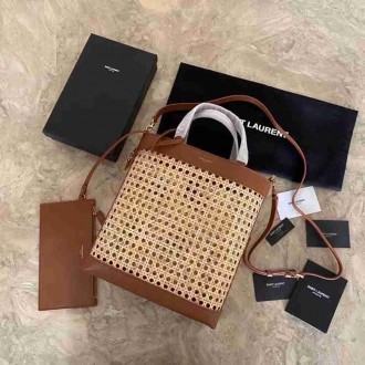 Saint Laurent N S Toy Shopping Bag In Woven Cane And Leather