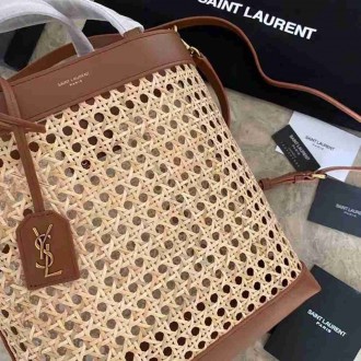 Saint Laurent N S Toy Shopping Bag In Woven Cane And Leather
