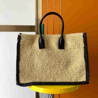 Saint Laurent Rive Gauche Tote Bag in Beige Raffia and Leather
