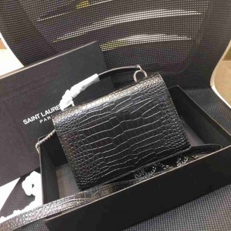 Saint Laurent WOC Sunset Chain Wallet In Black Croc-Embossed Leather