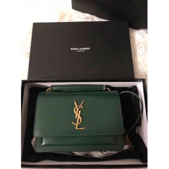 Saint Laurent WOC Sunset Chain Wallet In Green Calfskin