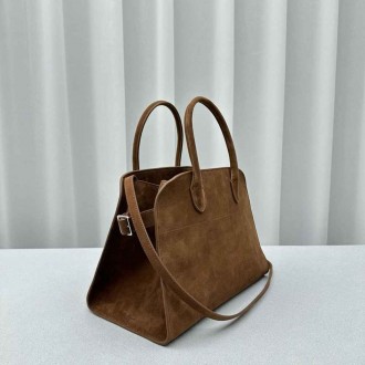 The Row Margaux 12 Top Handle Bag in Brown Suede Leather
