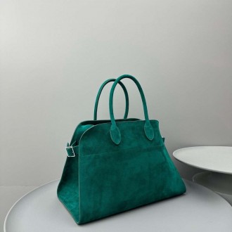 The Row Margaux 15 Top Handle Bag in Green Suede Leather