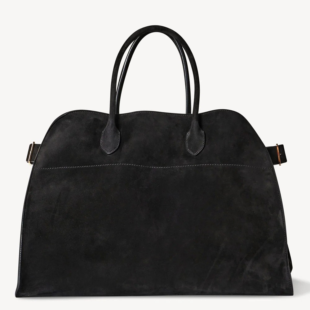 The Row Margaux 17 Top Handle Bag in Black Suede Leather